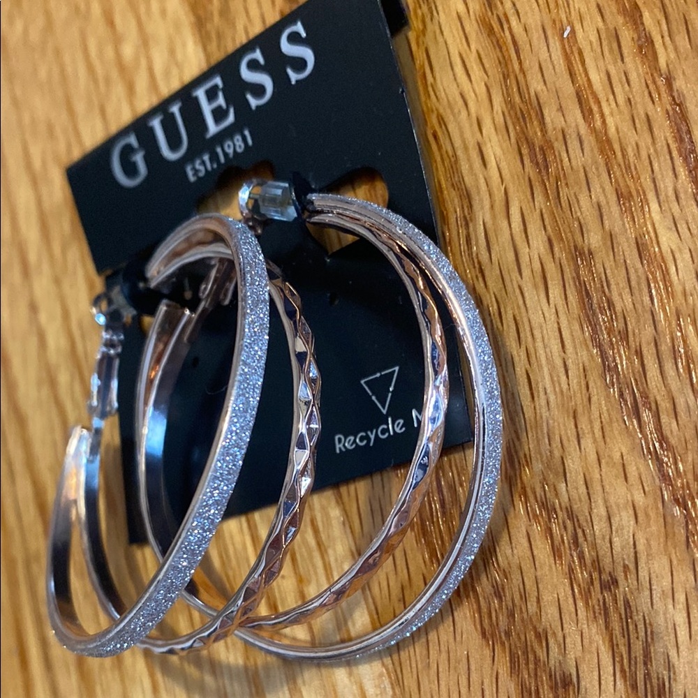 Guess Silver and Rose Gold Textured Hoop Earrings
